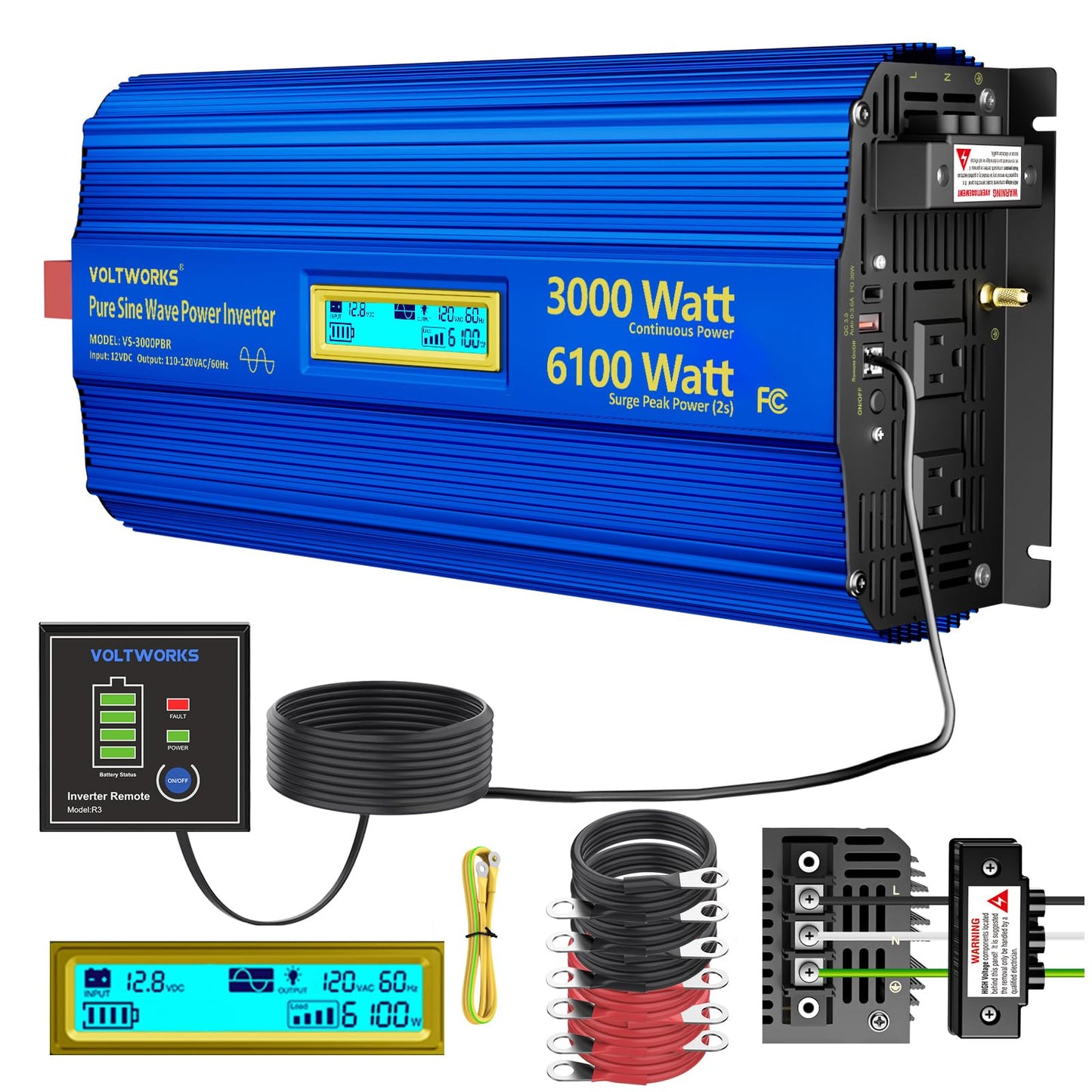 3000 Watt Pure Sine Wave Power Inverter 3000W 12V To 110V 120V Ac, 6000W Surge Peak Power For 2 Seconds, Ul Fuses, Compatible Wi