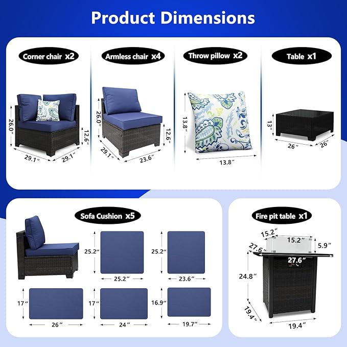 3D MATRIX 8 Pieces Patio Furniture Set with 28" Fire Pit Table, Wicker Outdoor Sectional Couch, Rattan Conversation Set for Backyard, Deck, Garden Lawn, Brown/Blue