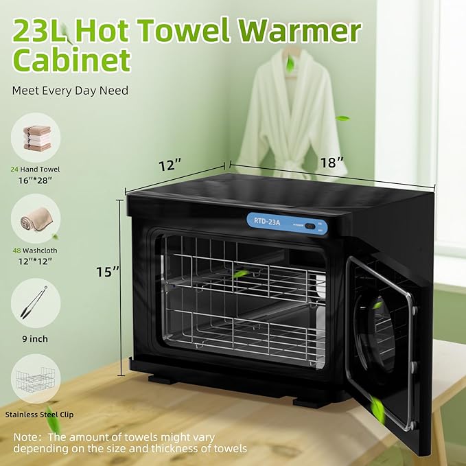 23L Hot Towel Warmer Cabinet with See Through Window.Professional Towel Heater for SPA Facials Massage Salon with 2 Stainless Steel Racks,Black