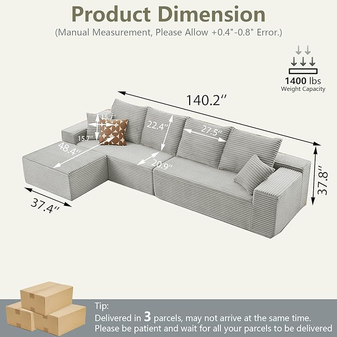 140" Sectional Cloud Couch for Living Room, Modular Floor Deep-Seat Sofa, Big Comfy Corduroy Couches Set with Fluffy Memory Foam, Stupendous L Shaped Sofas, No Assembly Required, Grey