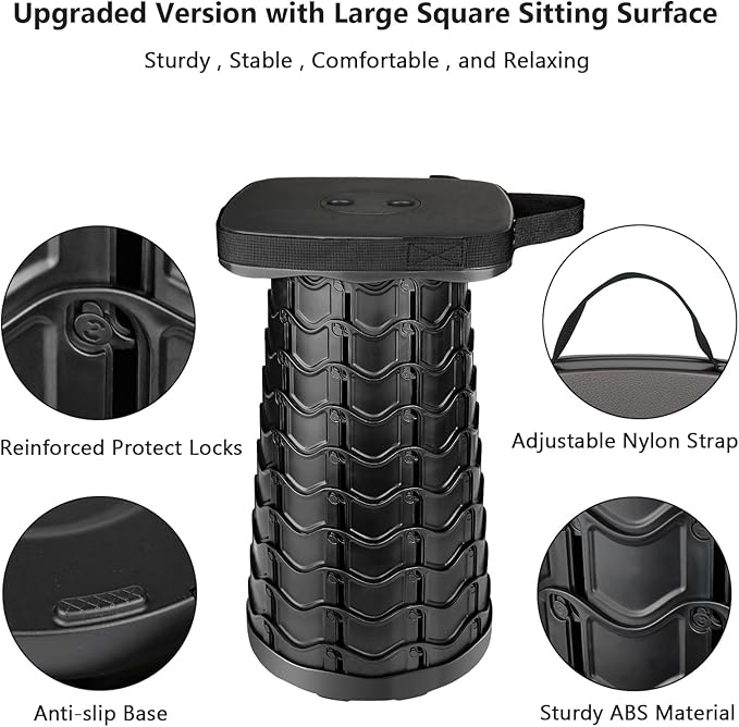 Outward Gear Upgraded Folding Stool Heavy Duty 550lbs Load Capacity Collapsible Portable Sturdy Telescopic Stool for Camping Travel Hiking (Black)