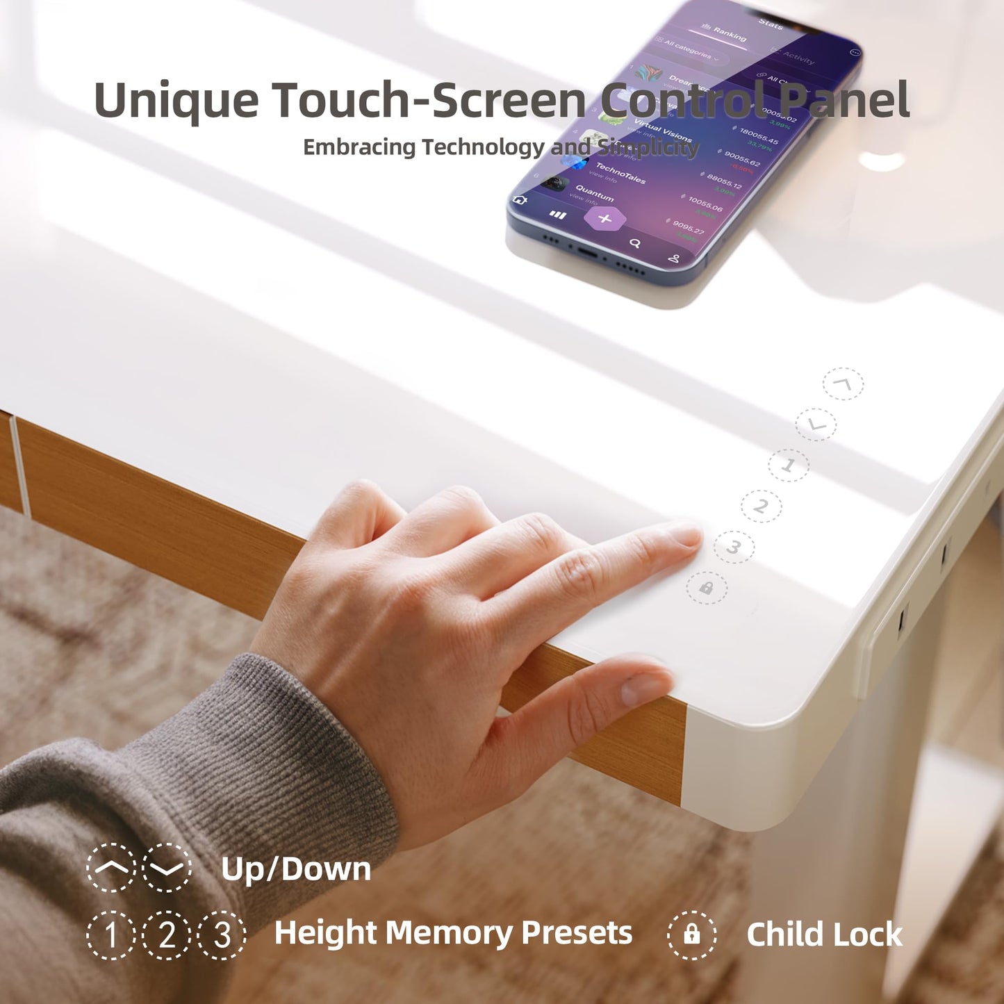Claiks Touch Screen Glass Standing Desk with Drawers and USB Ports, 48×24 Inch Adjustable Stand Up Desk, Quick Install Home Office Glass Top Computer Desks, White