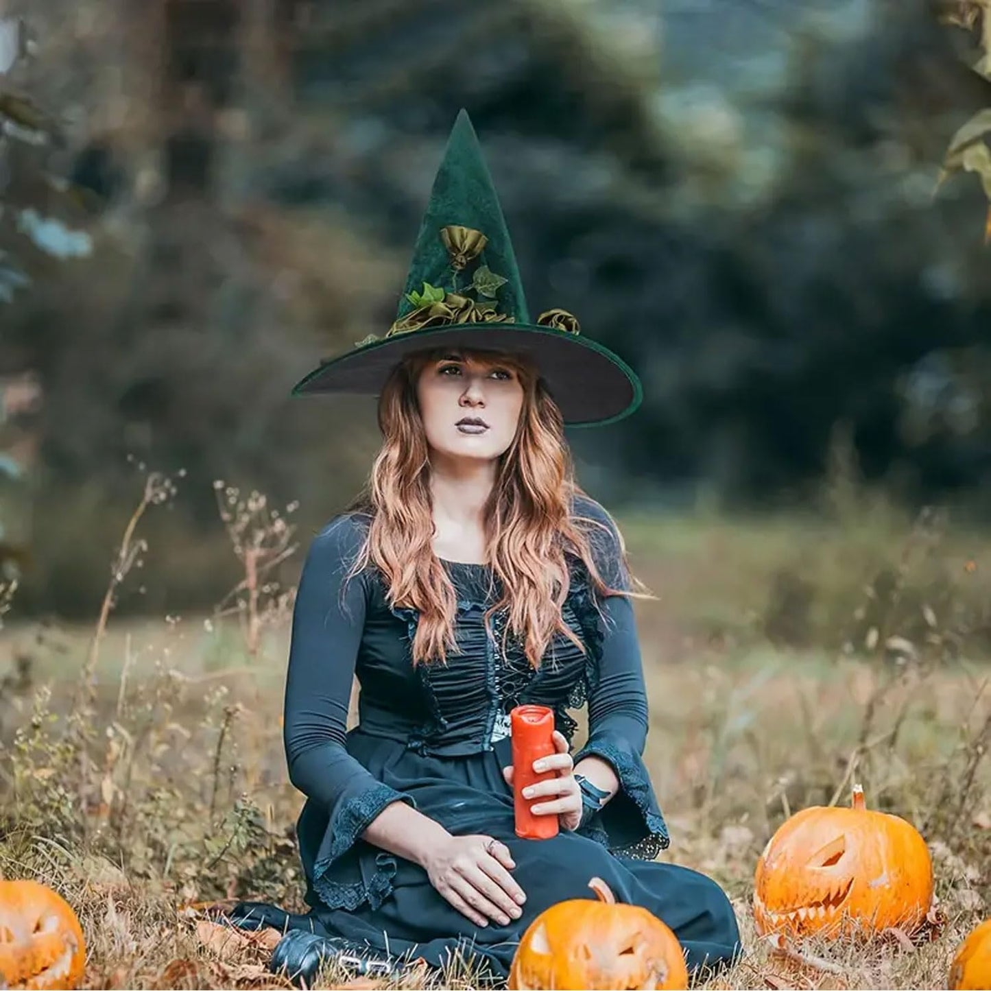 Pvoiue Witch Hat Green Detachable Witch Headband Hat Costume Accessories for Women Halloween Party Elvet Elegant Hats with Vine And Flowe Designs 16.9''x14.9'', 1Pcs