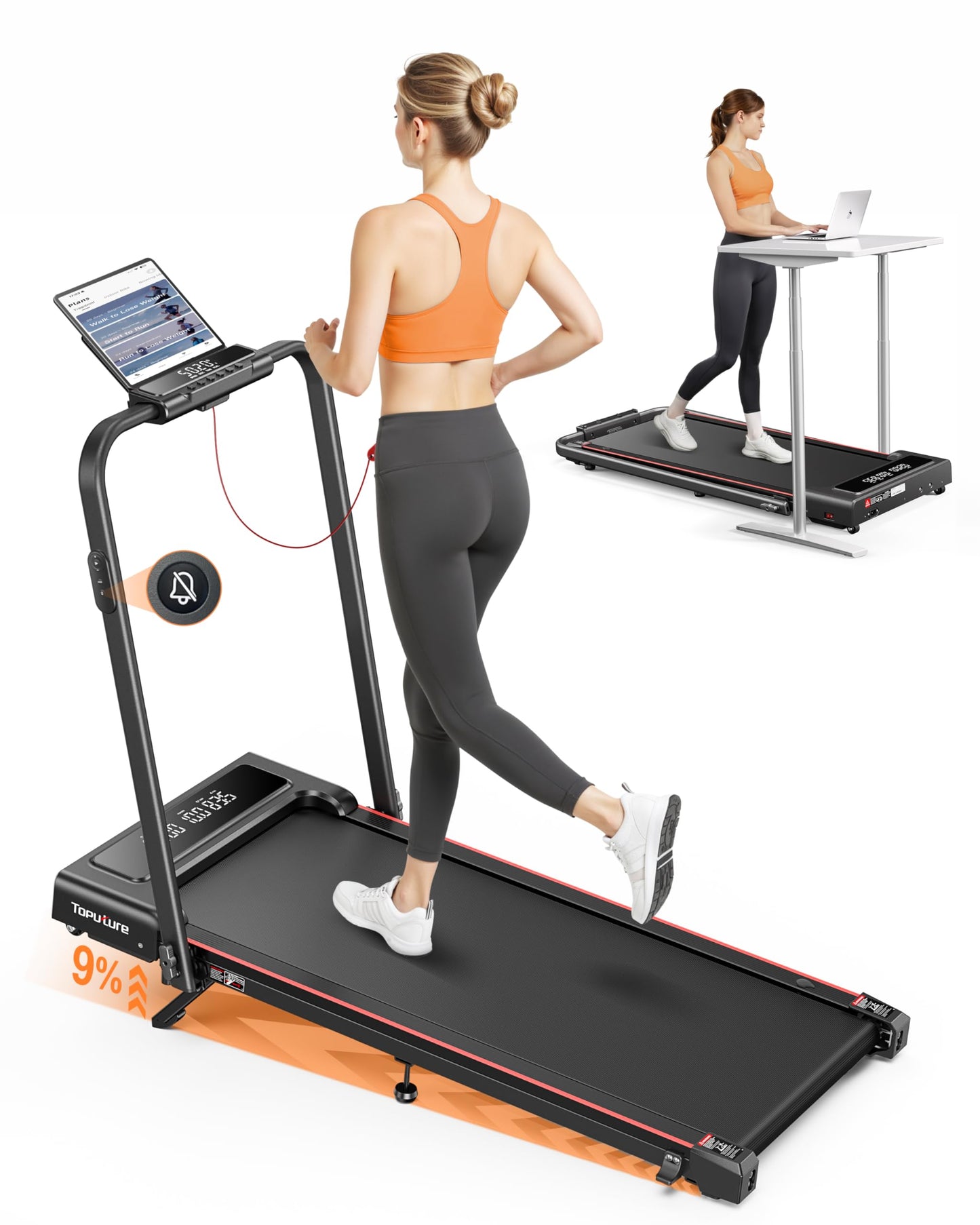 TOPUTURE Walking Pad Treadmill with Incline & Handle, 4 in 1 Under Desk Walking Pad, Foldable Treadmills for Home Office Small Space, Dual Display, Bluetooth App & Remote Control