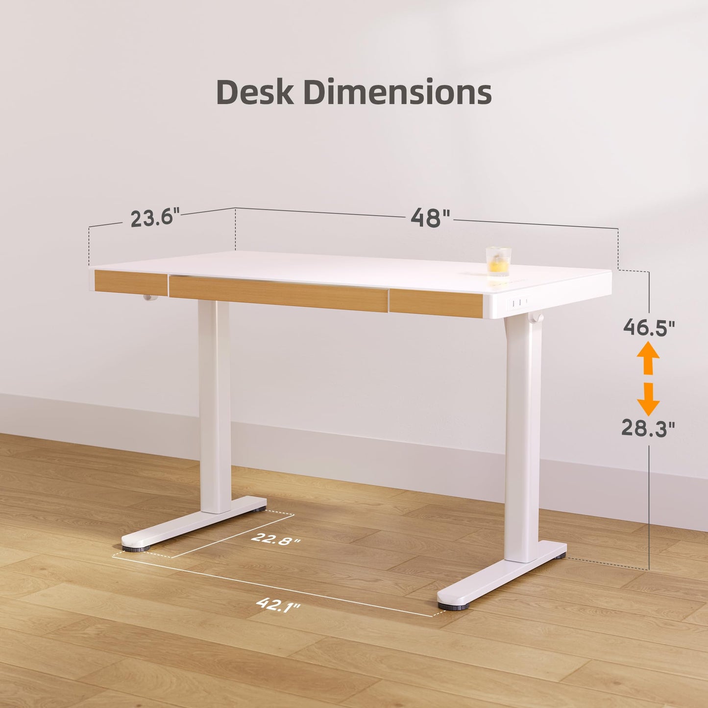 Claiks Touch Screen Glass Standing Desk with Drawers and USB Ports, 48×24 Inch Adjustable Stand Up Desk, Quick Install Home Office Glass Top Computer Desks, White