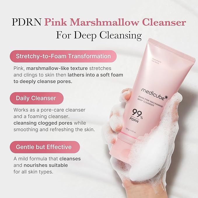 medicube PDRN Cleansing & Care Set: Salmon DNA PDRN Pink Peptide Serum and Pink Marshmallow Whip Cleanser