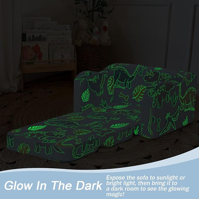 MeMoreCool Toddler Chair – Convertible Glowing Dinosaur Flip-Out Kids Sofa | 1–3 Years | Soft Foam Couch for Playroom, Reading & Relaxing | Fold-Out Lounge Seat with Washable Cover