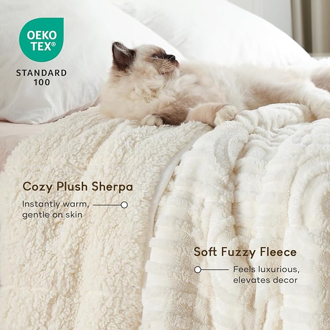 Cottonblue Weighted Blanket for Adults 15 lbs Twin Size, Soft Fluffy Sherpa Fleece Jacquard Weighted Throw Blankets 48" x 72" for Sleep Relax, Fuzzy Warm Arch Heavy Blanket for Bed Couch, Cream White