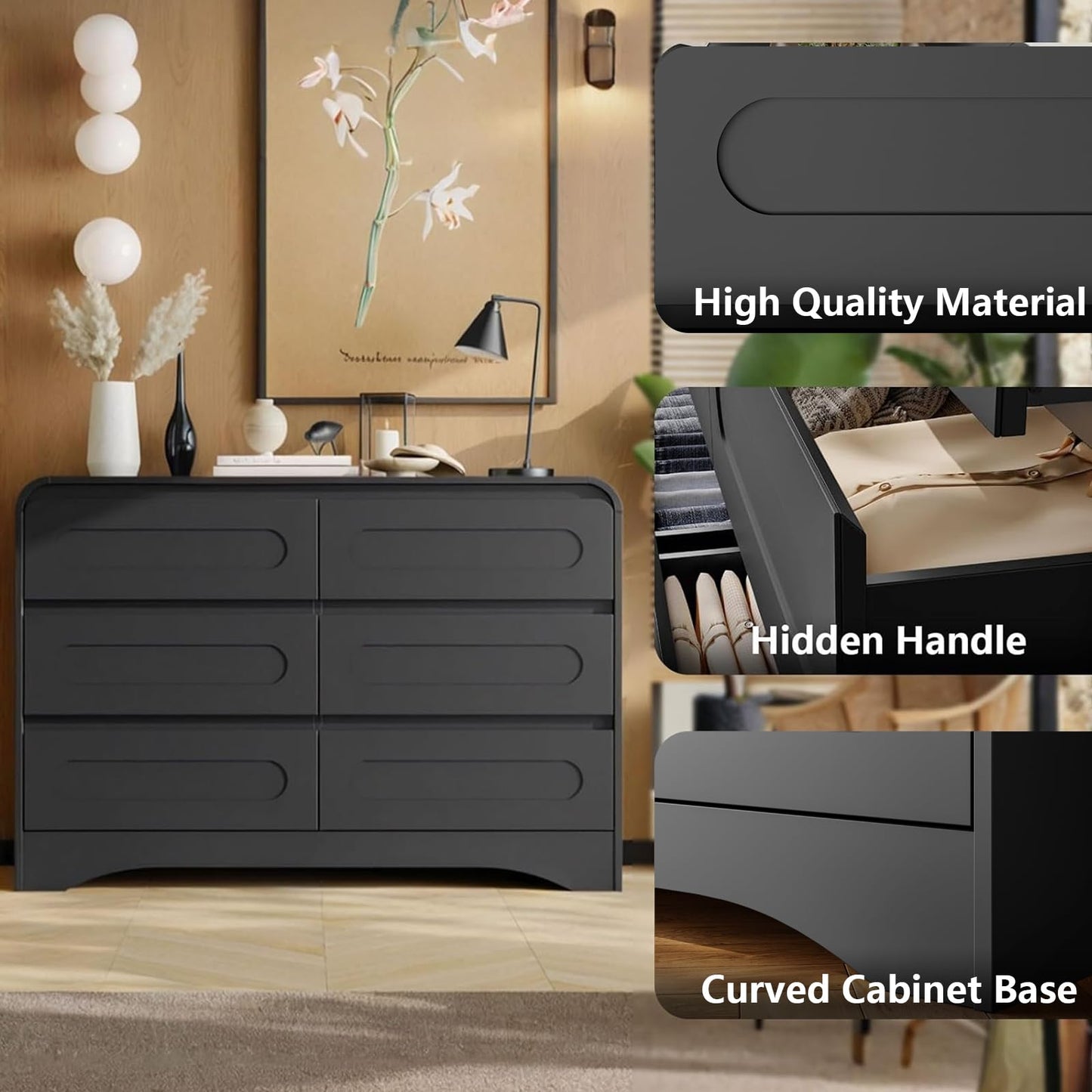 Black Dresser, 47" Wide 6 Drawers Dressers & Chest of Drawers with Pre-installed Slide&Curved Profile Design, Wood Closet Clothes Storage Dressers Organizer for Bedroom Living Room Hallway