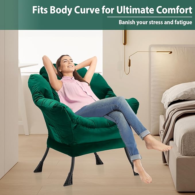Youtanic Lazy Chair Thick Padded, Comfy Velvet Accent Lounge Chair with Stable Frame, Leisure Sofa Armchair with Armrests and Side Pocket, Reading Chair for Bedroom, Living Room, Office, Green