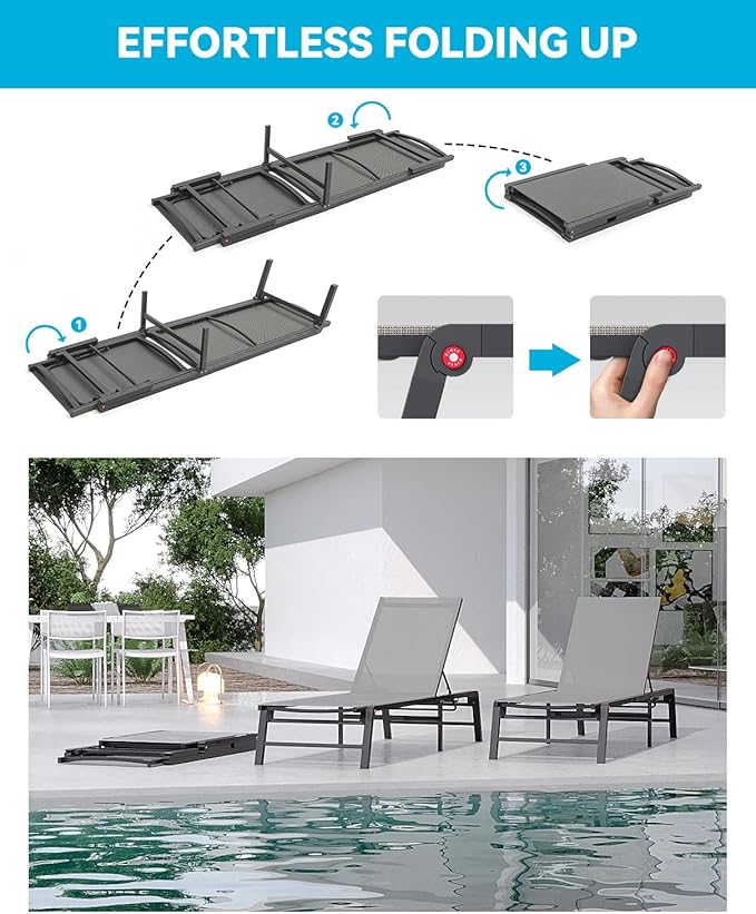 FHVIT Aluminum Chaise Lounge Chair Outdoor, Foldable Patio Lounge Chair Assemble-Free, Pool Lounge Chairs with 5 Adjustable Backrest, Outdoor Lounge Chairs for Outside Poolside Beach Lawn Grey