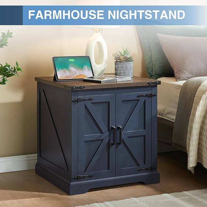 Barnyatoh Farmhouse End Table with Charging Station,24" Large Side Table with Barn Door, Wood Square Nightstand Bedside Table with Adjustable Storage Shelf for Living Room, Bedroom,Navy Blue 2-Pack