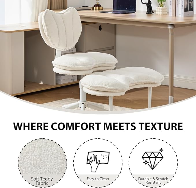 Cross Legged Office Chair with Wheels, Double-Layer Cushion & Backrest, 360° Swivel Meditation Yoga Chair, Adjustable Height Ergonomic Desk Chair for Adults & ADHD, Teddy Fabric, Ivory