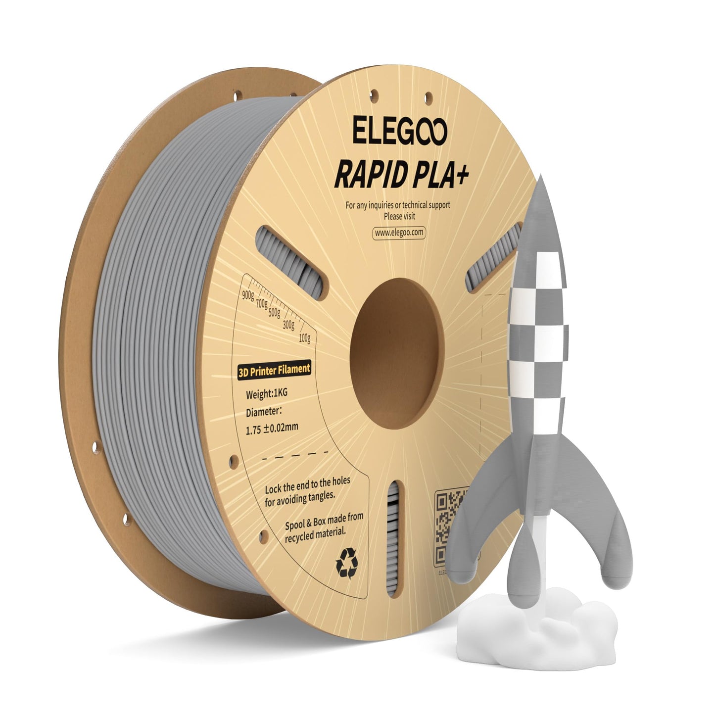 ELEGOO Rapid PLA Plus Filament 1.75mm Gray 1KG, PLA+ 3D Printer Filament for 600 mm/s High Speed Printing, Dimensional Accuracy