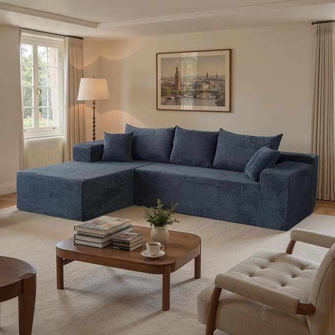 Blue Sectional Couches for Living Room, Boneless Couch with L-Shape Chaise, Modular Sofa in Box with Deep Seat, No Assembly Required