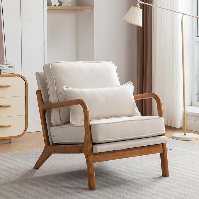 SEYNAR Mid-Century Accent Chair,Linen Fabric Lounge Chair with Wide Armrest,13-16.5'' Low Seat Height Armchair with Lumbar Pillow & Solid Wood Frame for Living Room, Bedroom, Balcony(Beige)