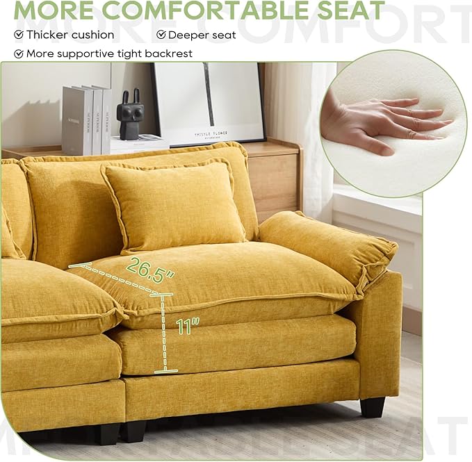 Oprisen 86" Modular Sectional Sofa, Comfy Cloud Couch Sectional Sofa with Ottoman, Chenille Sofa Sleeper Deep Seat Sofa with Throw Pillows for Living Room (Yellow)