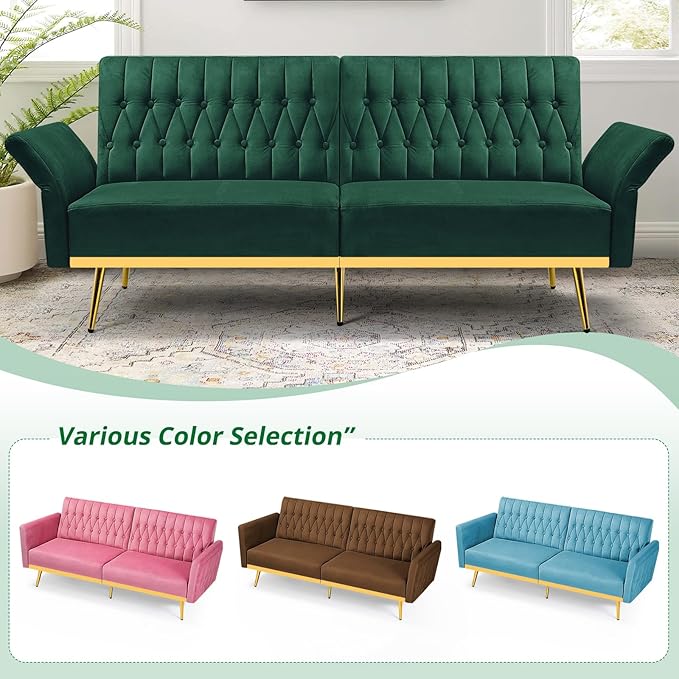 ACMEASE 70” Velvet Futon Sofa Bed w/Adjustable Backrests and Armrests, Convertible Futon Couch with 2 Pillows, Modern Tufted Sleeper Bed for Living Room, Bedroom,Green