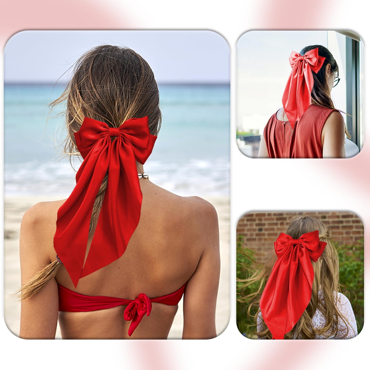 Hair Bows for Women, 2Pcs Burgundy Red Bow Hair Clips for Girls, Silky Satin Hair Bows Clips Long Tail, Large Hair Barrettes Cut