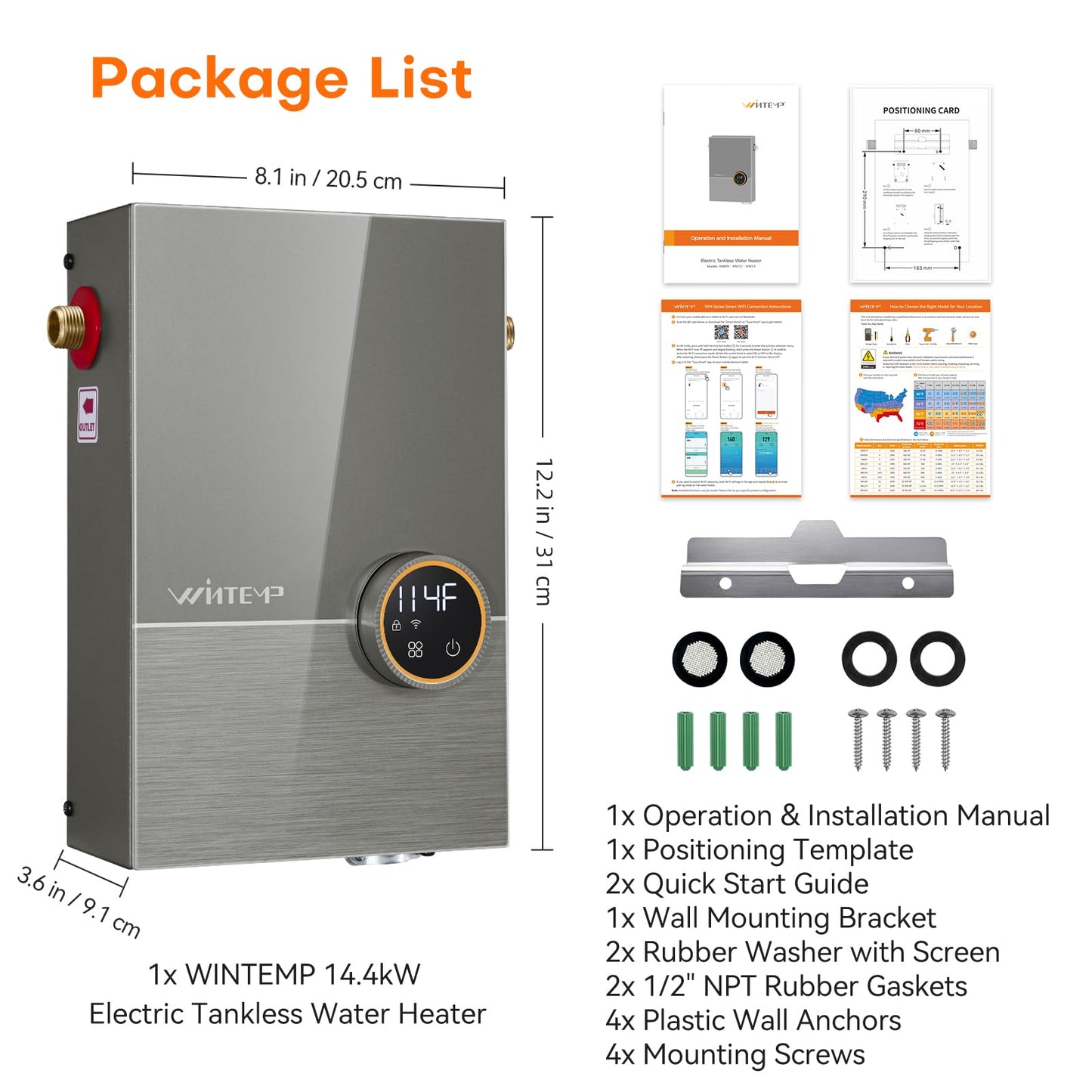 Wintemp Tankless Water Heater Electric 14.4kW, 240 Volt On Demand Instant Hot Water Heater, Within 1℉ Stable Temp, Up to 3.5GPM, WiFi Control, ETL Certified, Eco, WM15