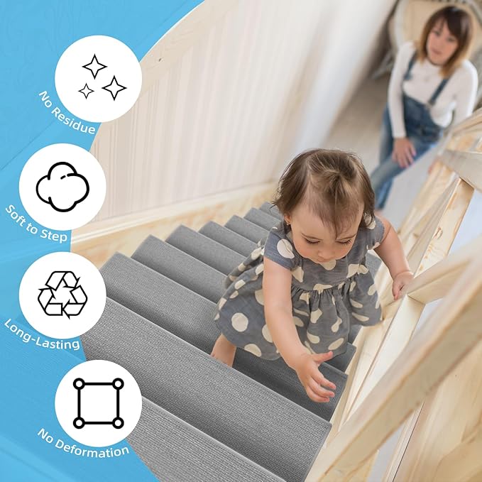 Art3d Stair Treads for Wooden Steps 15Pcs, 8" X 30" Non Slip Stair Runner Rugs with Reusable Adhesive for Elders Kids and Dogs, Machine Washable Peel and Stick Stair Treads Carpet, Gray
