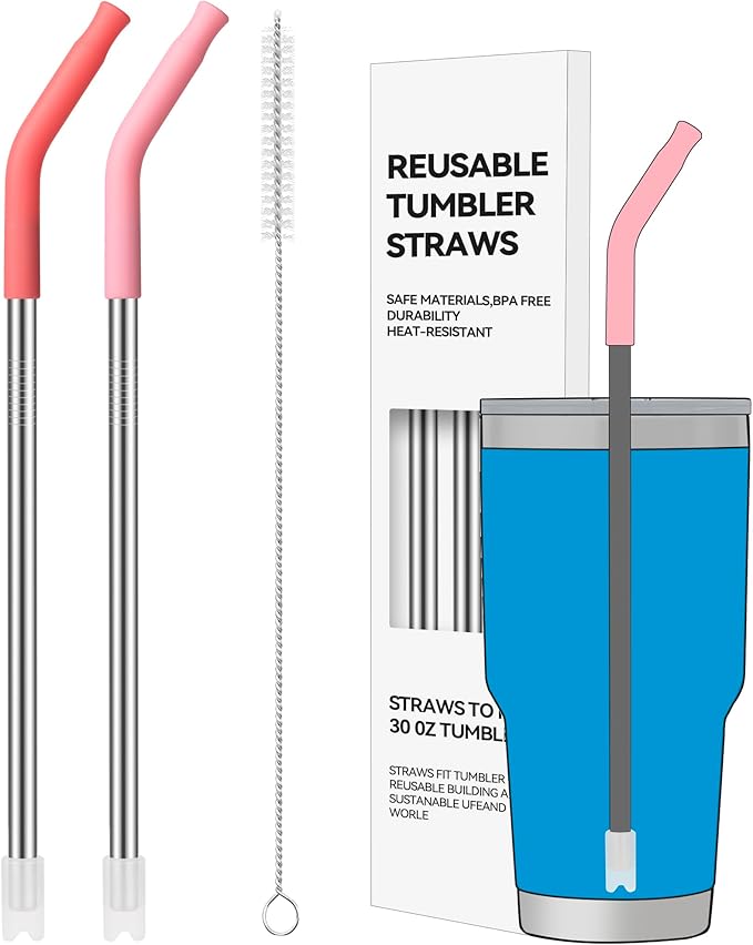 2 PCS 30oz Reusable Straws for 30oz Stanley Cup & 24oz Tumblers, Stainless Steel Drinking Straw with Anti-Clank Silicone Bottom, Fits Most Medium-Size Mugs
