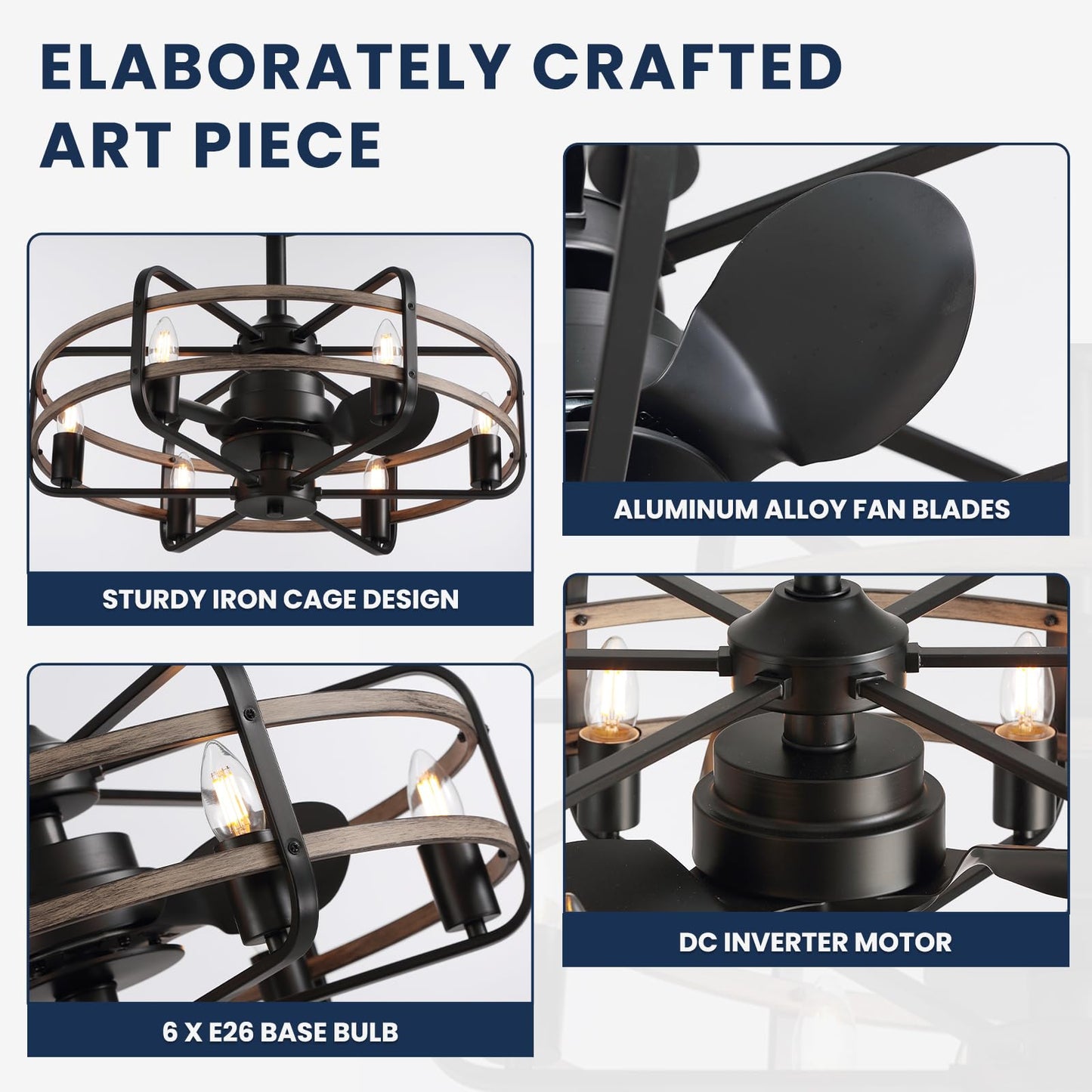 Noxarte Cage Ceiling Fan With Light, Vintage Fandelier Remote Control, Bladess Industrial Chandelier Ceiling Fan Reverse Motor F