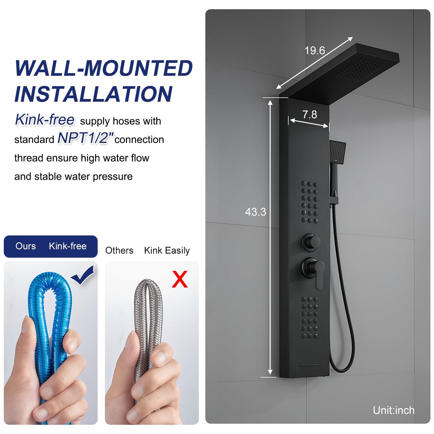 ROVATE Shower Panel Tower System with Rainfall Shower Head, Elegant Matte Black Shower Tower with Powerful Body Jets, Handheld Shower and Tub Spout, Stainless Steel Shower Column Black High Pressure