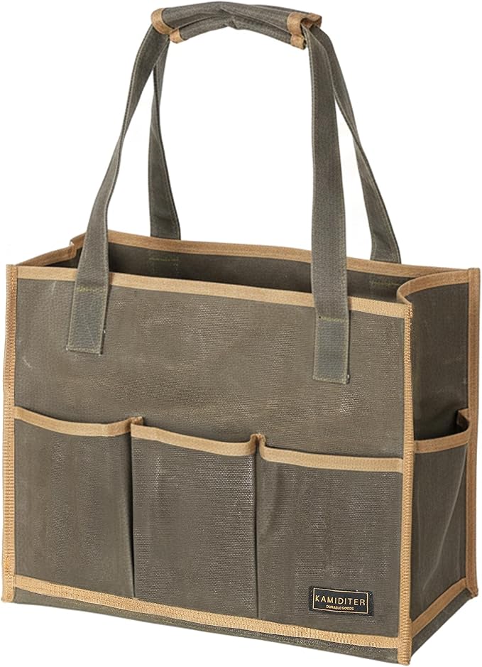 Heavy Duty 16OZ Waxed Canvas Tool Bag,15-Pockets Portable Tote Bag,Muti-Purpose Garden Tool Storage Bag with Padded Handle | ArmyGreen