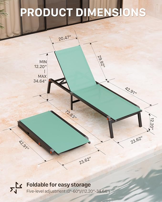 WOAJNQO Aluminum Patio Chaise Lounge Chair Set of 2 with Side Table,5-Position Adjustable Backrest,Foldable Lounge Chair Outdoor,Pool Lounge Chairs for Poolside,Lawn,Deck,Beach (Green, 2 Pack+Table)