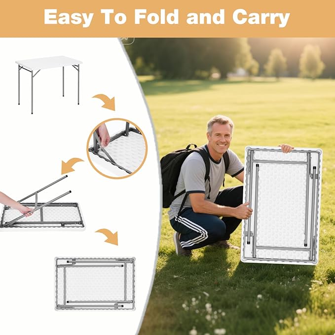 3ft Rectangular Folding Table for All-Occasion, Foldable Table with HDPE Tabletop and Steel Legs, Durable and Stable Small Folding Table, Perfect for Camping, Picnic, Party, Indoor & Outdoor