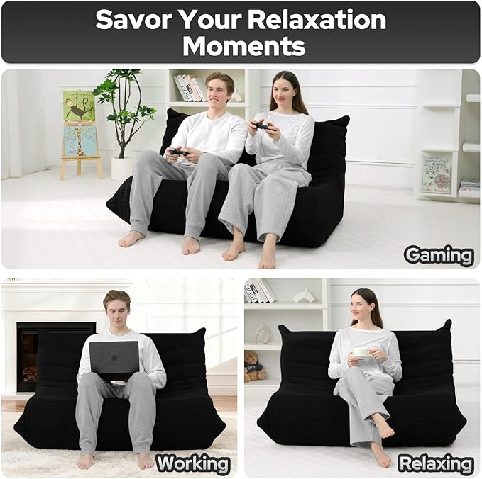 HABUTWAY Bean Bag Chairs Fireside Lazy Floor Sofa, Soft Teddy Fleece 2 Seater Sofa with High-Resilience Foam Filling，Beanbag for Living Room, Bedroom, Office (Black Teddy)
