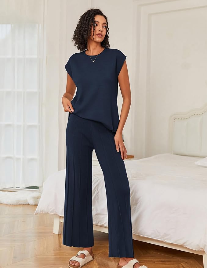 Ekouaer Lounge Sets for Women Two Piece Outfits Knit Cap Sleeve Tops Wide Leg Pleated Pants Casual Dressy Sweater Sets