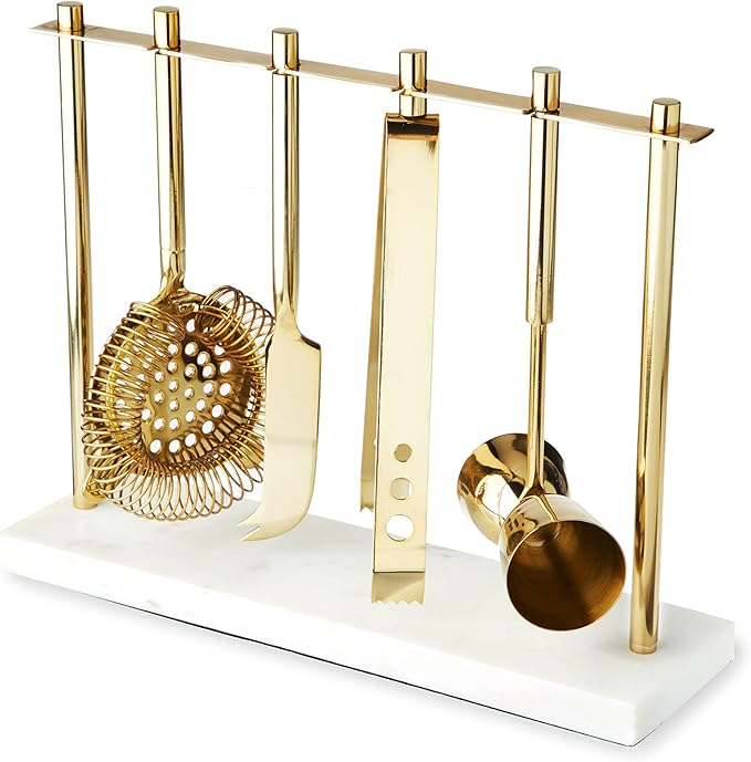 Twine Bar Tool Set Includes Hawthorne Strainer, Citrus Knife, Ice Tongs, Double Jigger with Marble Display Stand for Class...