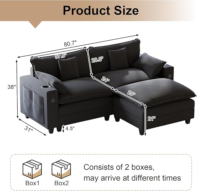 KCGKCG 80.7" Modular Sectional Sofa, L Shaped Cloud Couch with Movable Ottoman, Chenille Deep Seat Cloud Sofa with Charging Station, Cup Holder, Side Pocket, Sectional Couches for Living Room, Black