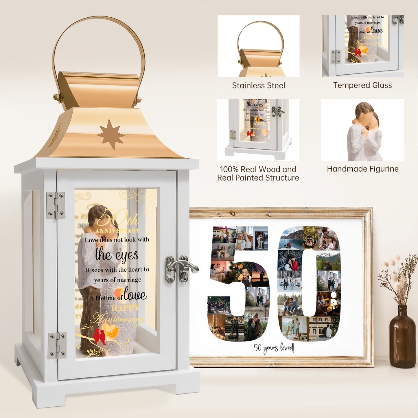 50th Anniversary Wedding Gifts for Couple Parents 50th Wedding Anniversary Lantern for Him Her Huband Wife - Husband and Wife Hugging Figurine Lantern