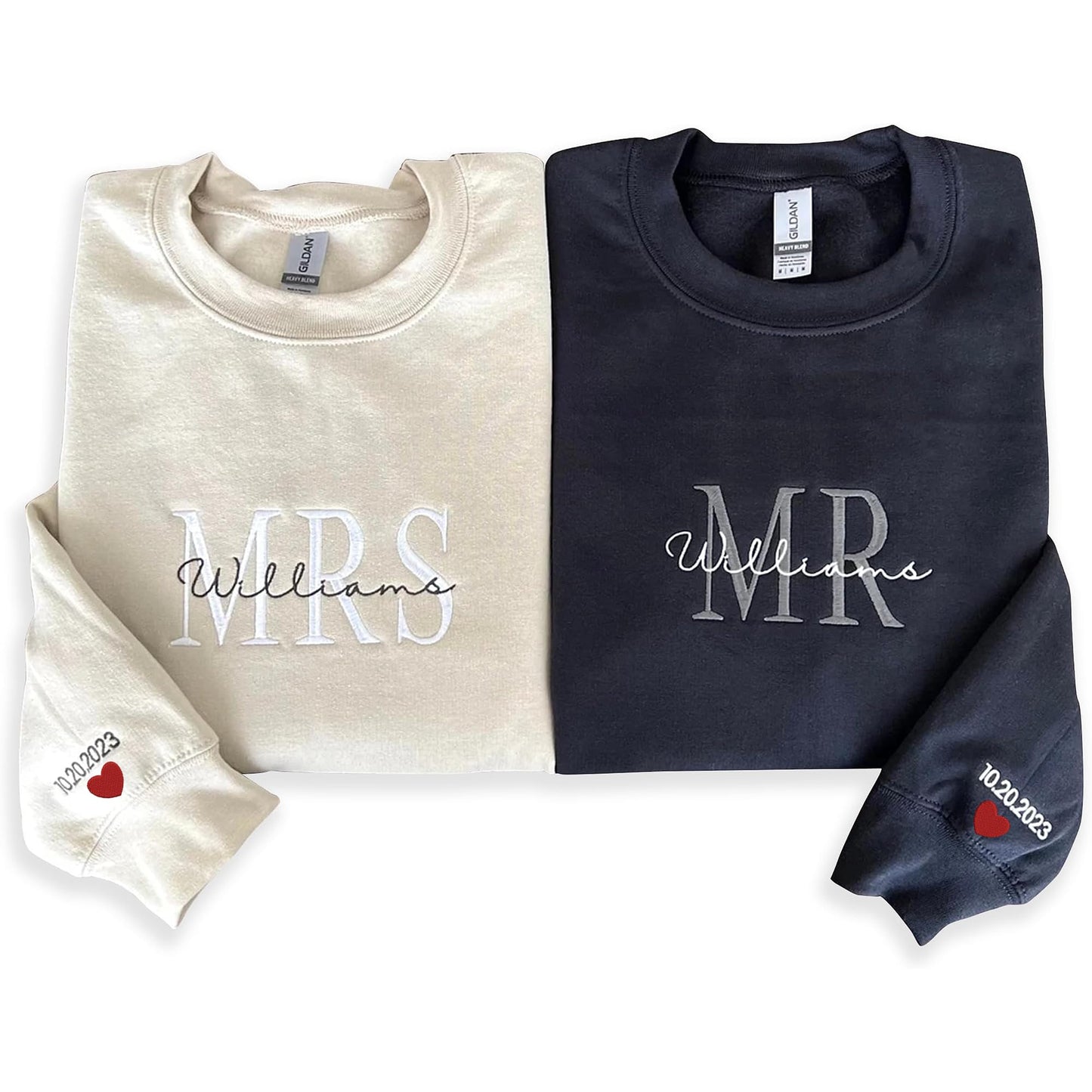 Givesmiles Custom Embroidered Mr & Mrs Sweatshirt & Hoodie, Personalized Couple Names, Custom Anniversary Date On Sleeve With Heart, Gifts For Wife, Husband, Gift For Anniversary, Couple Gifts