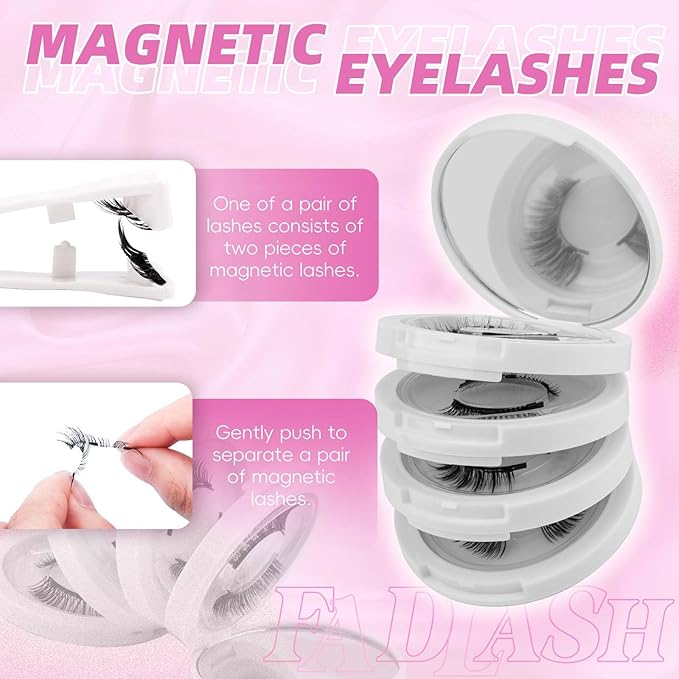 FADLASH Magnetic Eyelashes with Applicator 4 Pairs Magnetic Lashes Reusable Magnetic Eye Lashes Kit Natural Look False Eyelashes (079+604+806+B7)