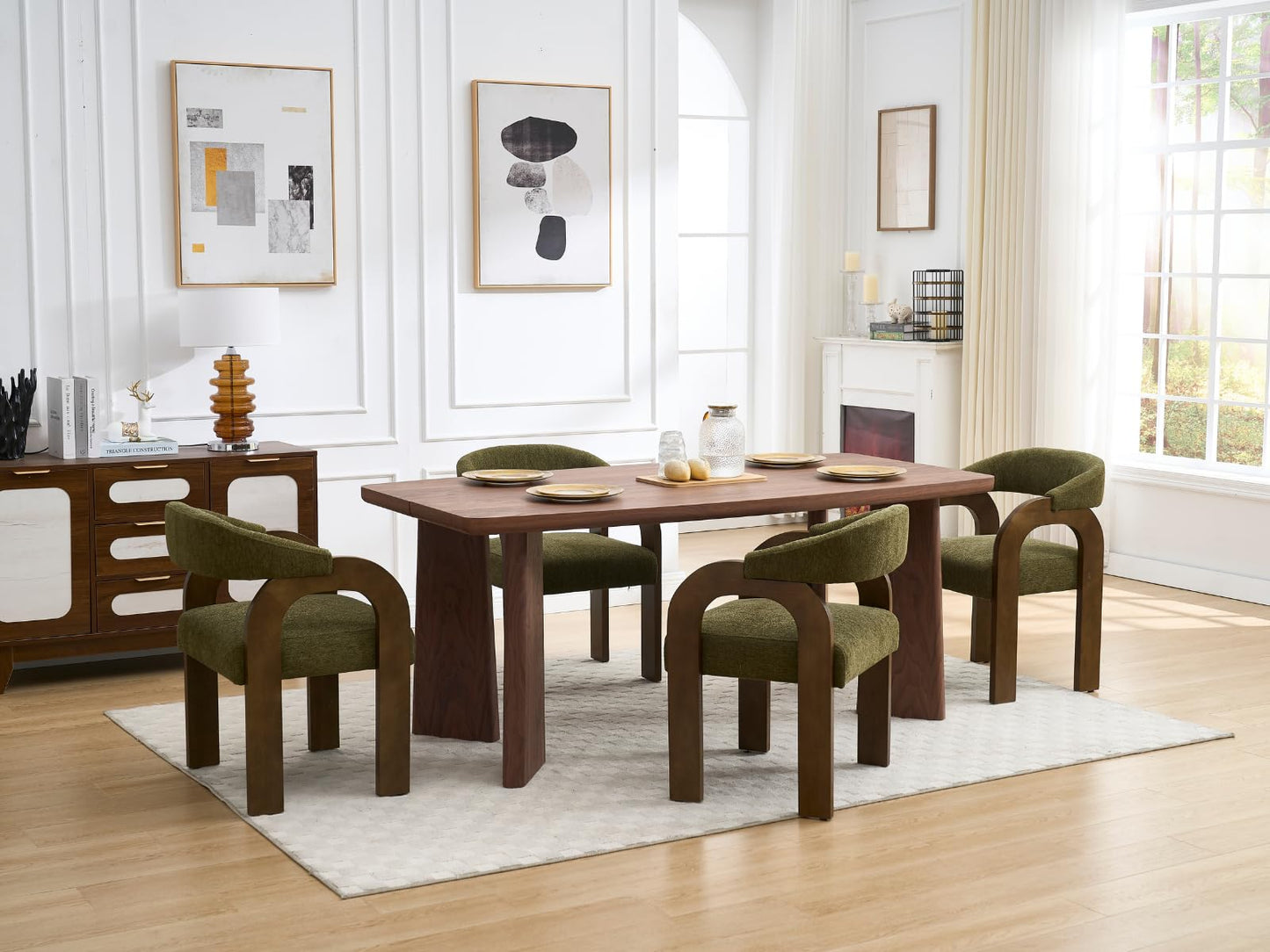 DAYALANE Farmhouse Dining Chairs Set of 2 - Upholstered Armchairs with Chenille Cushions & Curved Wooden Arms, Barrel Wood Kitchen Chairs for Dining Room/Cafe/Kitchen Island (Sage Green)
