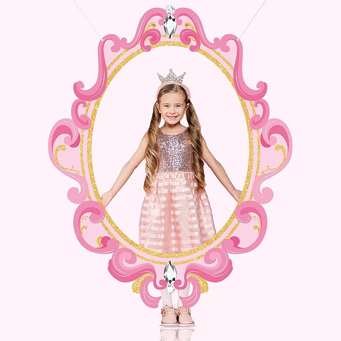 Princess Mirror Photo Booth Props Pink Princess Birthday Party Decorations 63×51 in Fabric Backdrop Mirror Themed Door Ban...