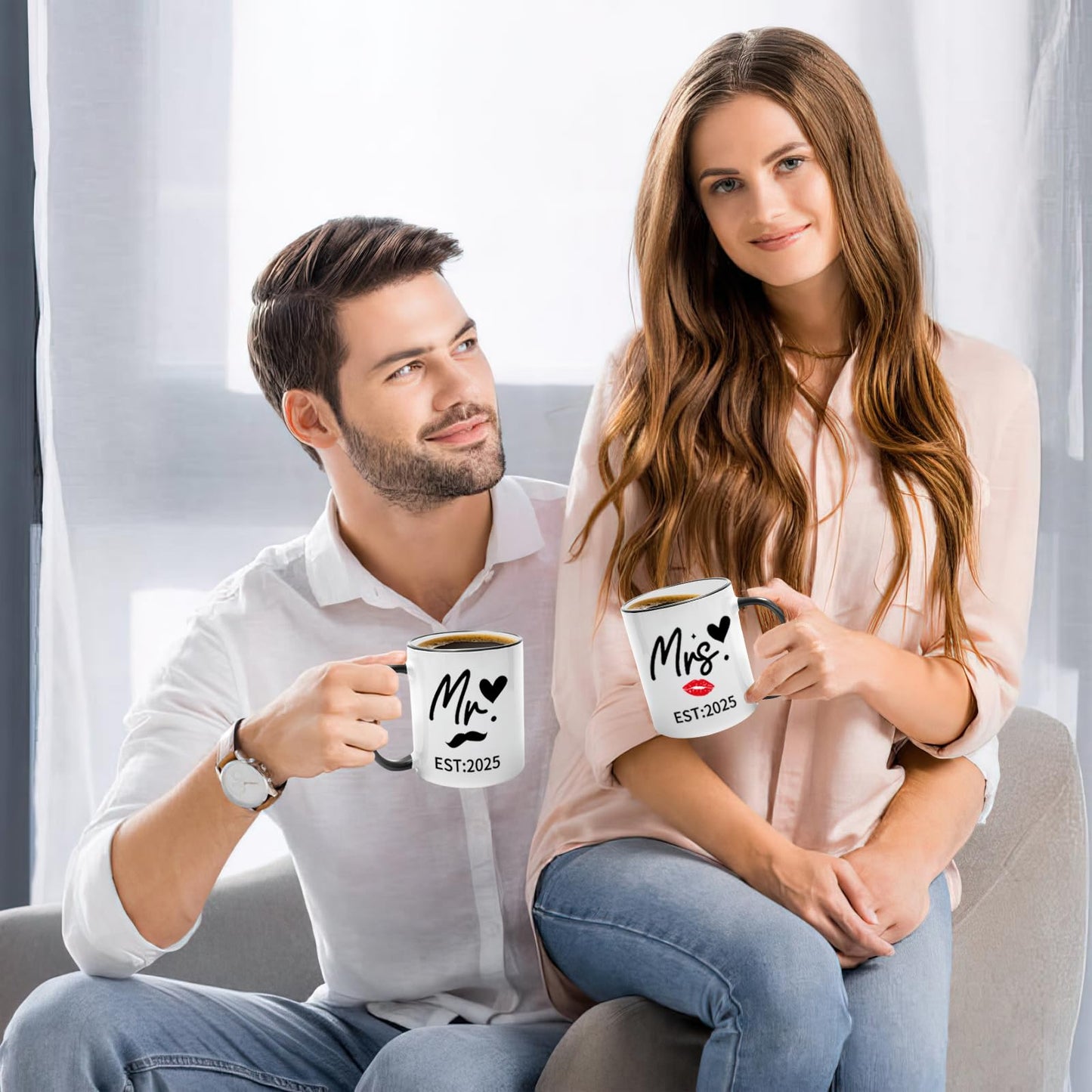 EST 2025 Mr and Mrs Gifts Valentine Wedding Gifts for Couples 2025 Ceramic Cups and Aprons Engagement Party Gift for Couples