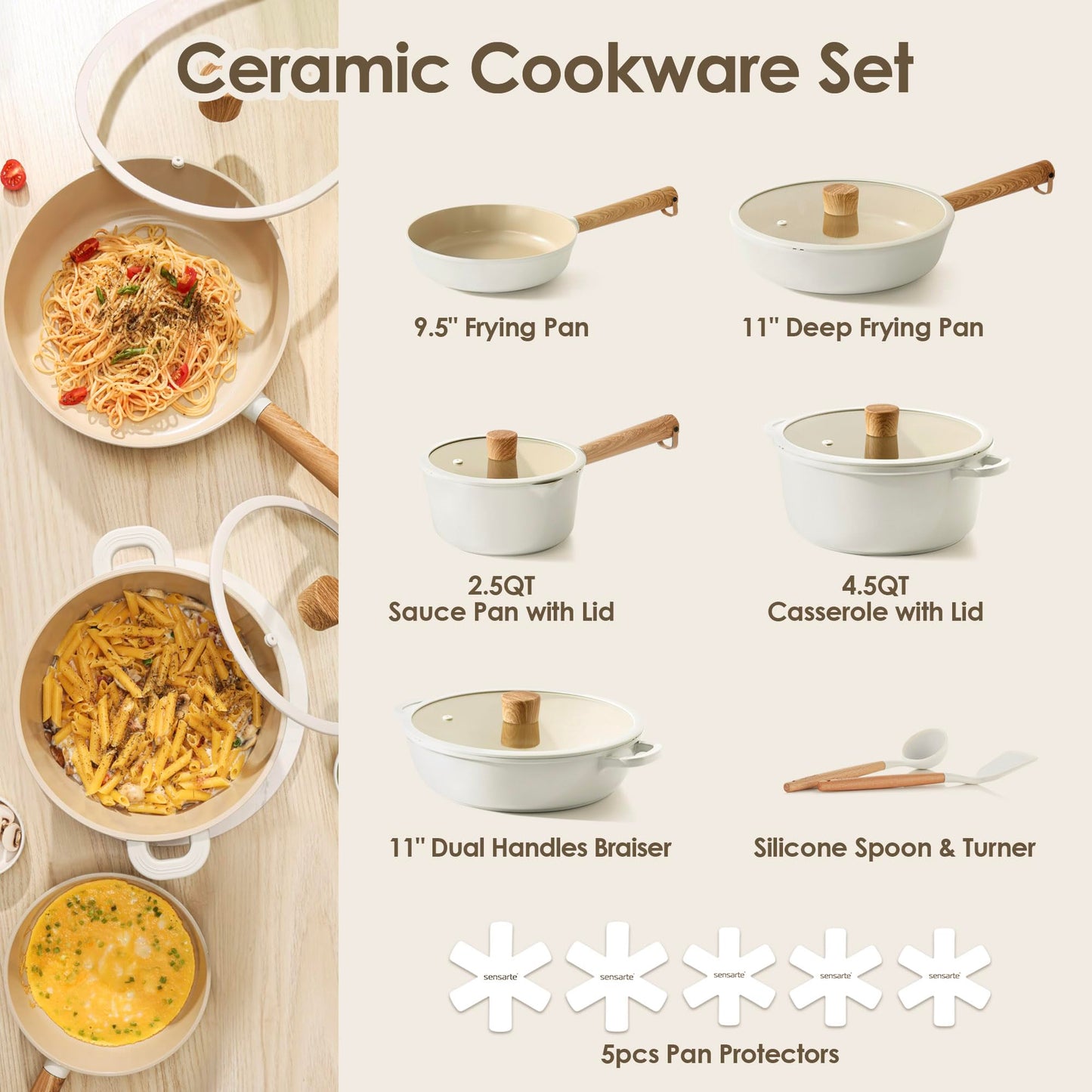SENSARTE 17Pcs Ceramic Nonstick Cookware Set Non-toxic Healthy Pots and Pans Set Ceramic Kitchen Cooking Frying Pans with Stay-cool Handle, PFAS/PTFE/PFOA Free, Dishwasher Safe, Induction Compatible