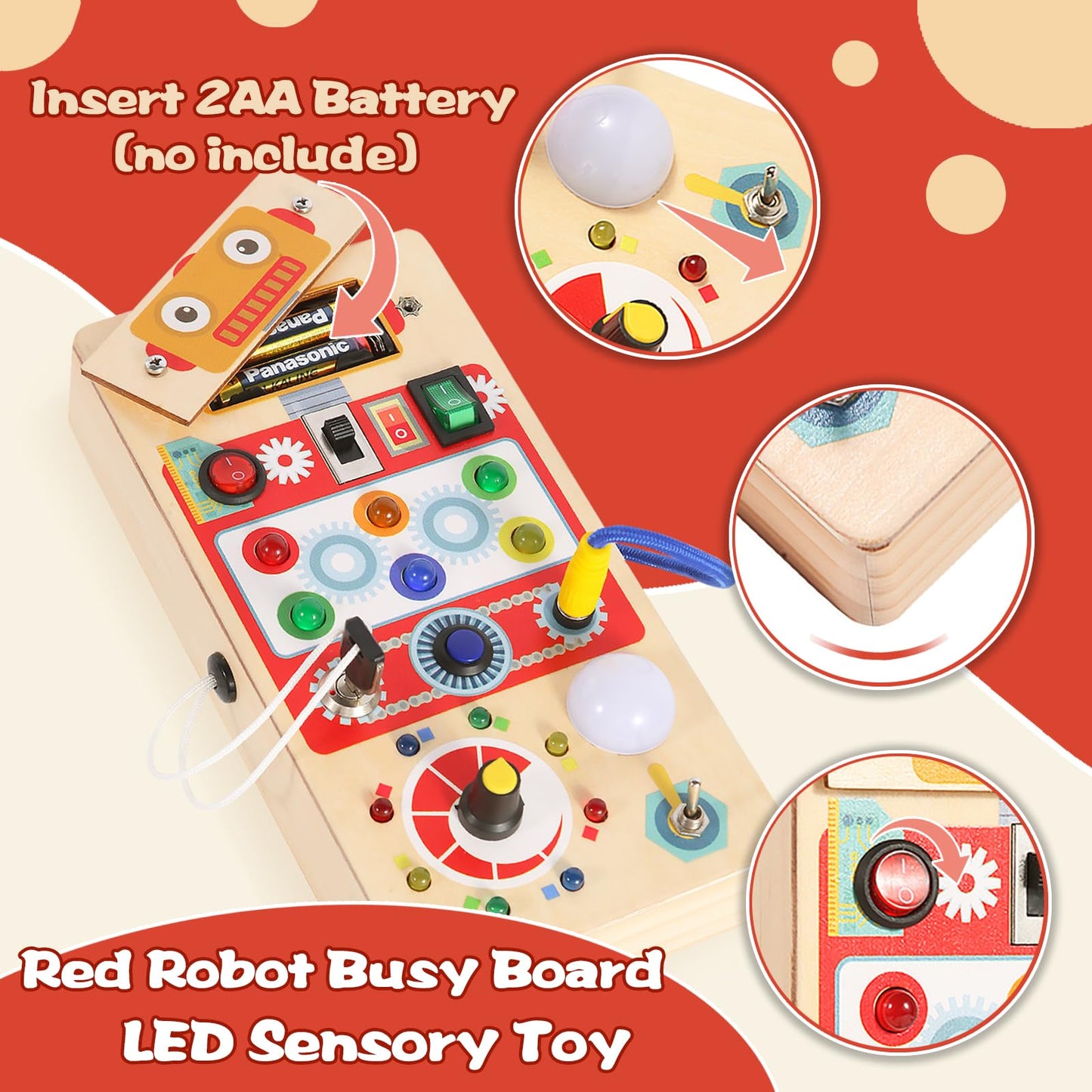 Asweets Montessori Wooden Busy Board Toy for Toddler, Red Robot Sensory Board with 8 LED Shape Light Switches, Travel & Gift Toys for Kids, 3.9''L x 2.0''W x 7.5''H