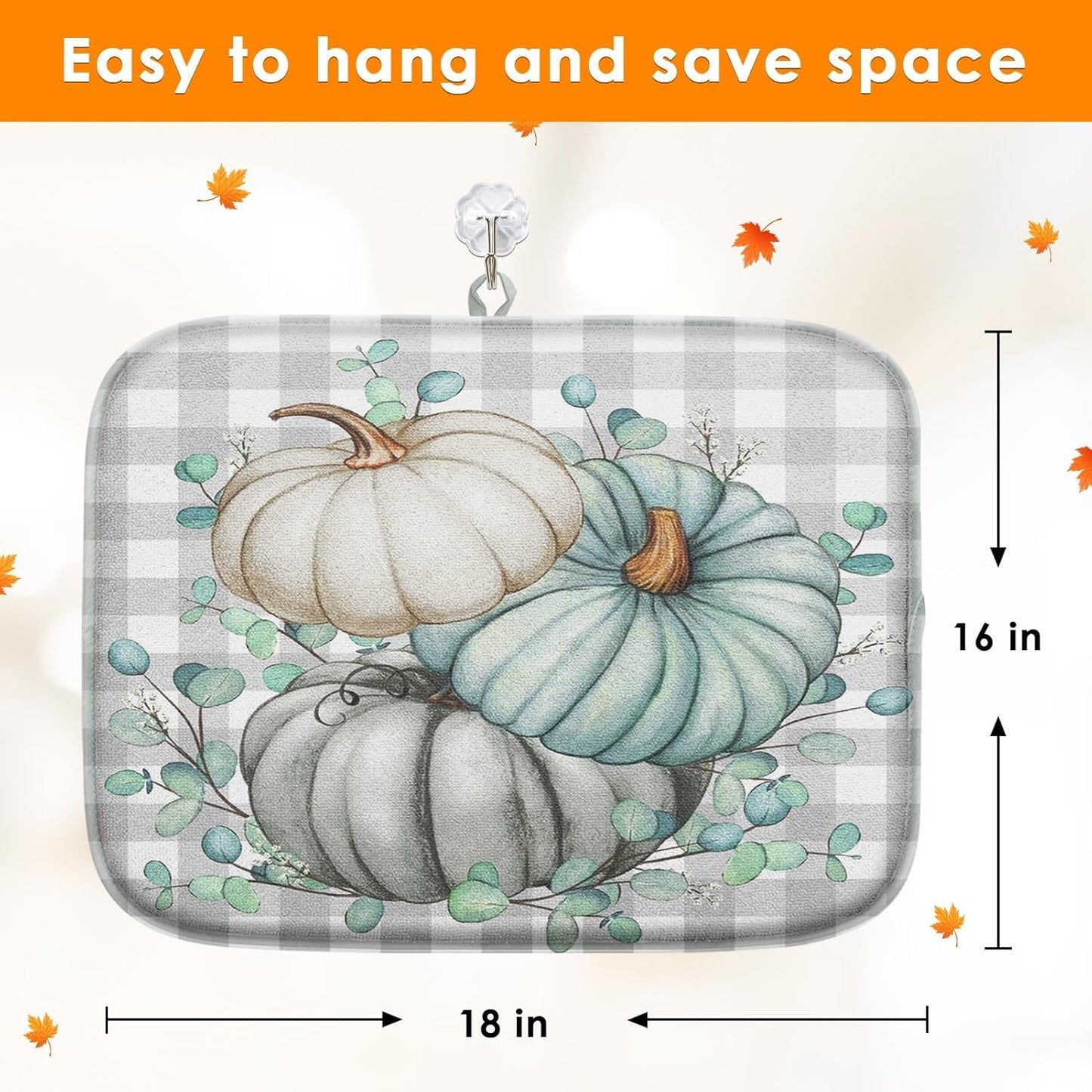 Sanwarm Absorbent Dish Drying Mat, Autumn Watercolor Pumpkin Microfiber Pad for Kitchen Counter, Fall Plaid for Coffee Bar Decor, Heat Resistant and Reversible, 16" x 18"
