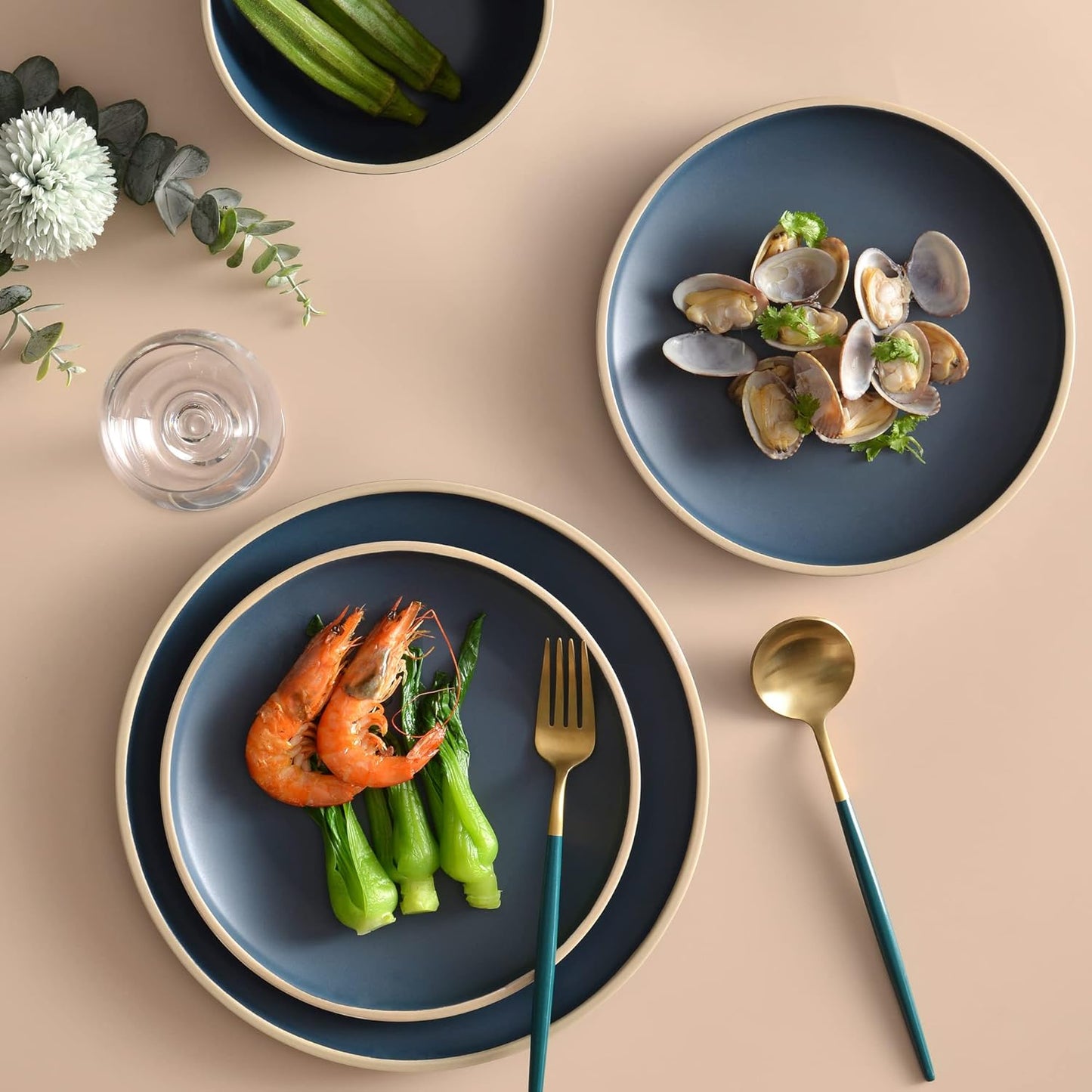 Melamine Dinnerware Sets for 4, Plates and Bowls Sets 12 Pcs, Melamine Plates, Nautical Dinnerware Sets, Modern Style,Dishwasher Safe, BPA Free, Suitable Indoor and Outdoor Use (Deep Blue)