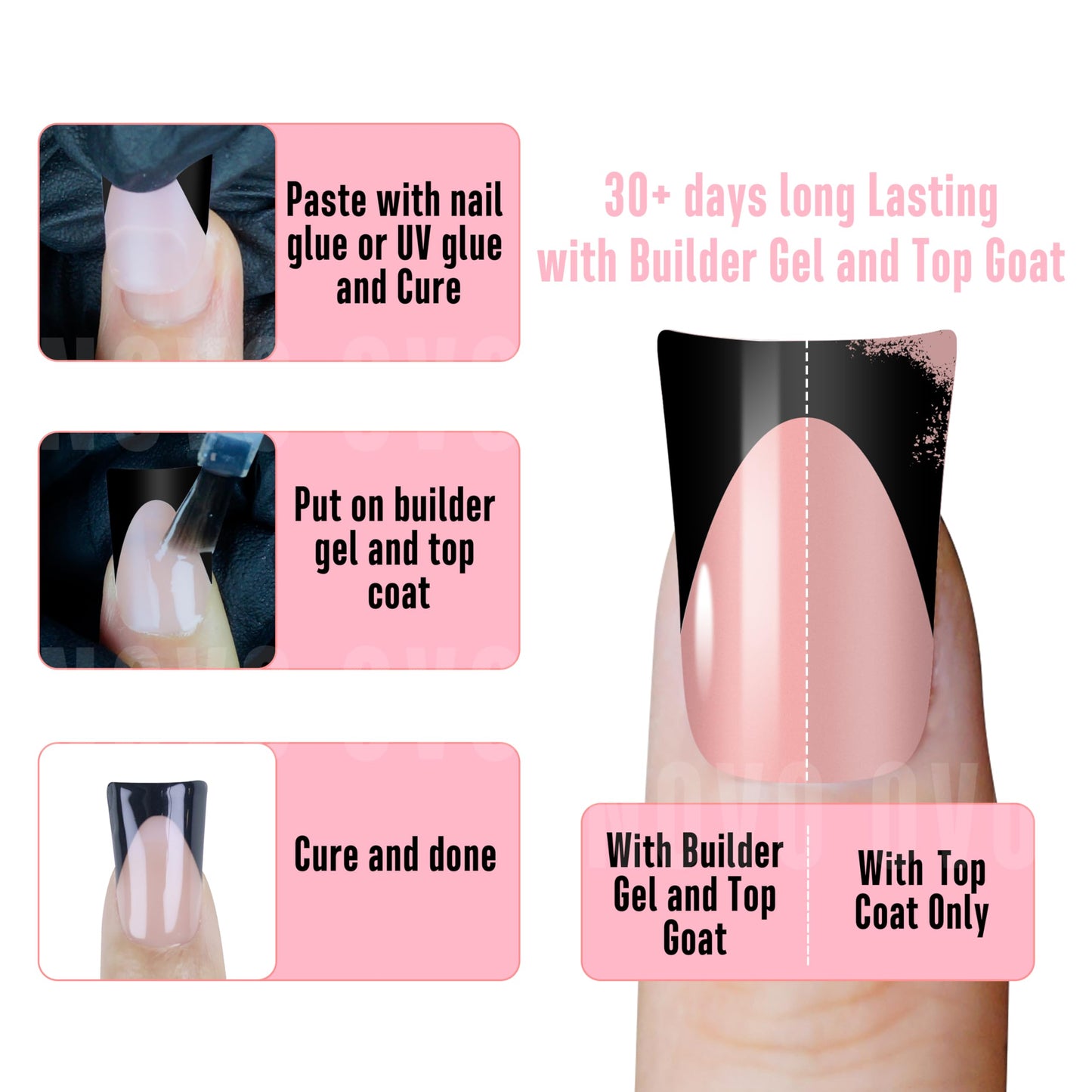 NOVO OVO Black French Tip Short Duck Nail Tips Press on, BABY PINK Pre-designed Soft Gel Nail Extension, Extra thick Full Cover