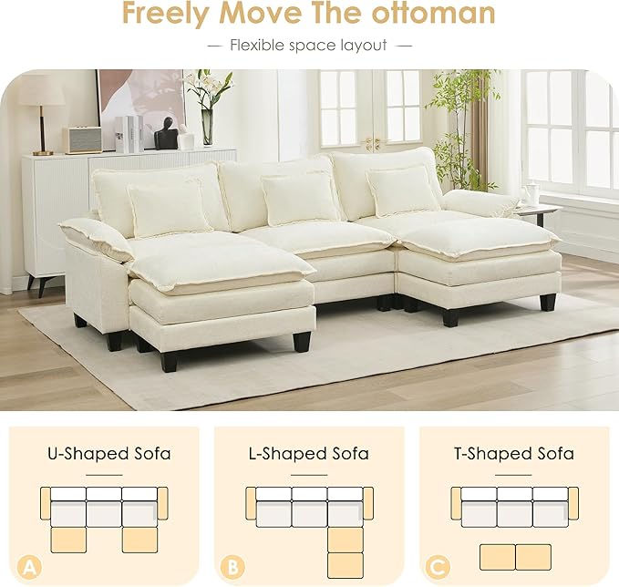URRED Cloud Couch Modular Sectional Sofa, 122" Modern U Shaped Deep Seat Sofa with 2 Ottomans & Pillows, Ultra Comfy Chenille Couches for Living Room, Bedroom or Apartment, White | Chenille Fabric, Skin Friendly, Breathable, Ergonomic Design, Flexible ...