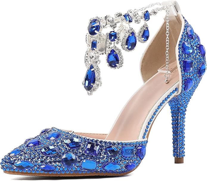 Minishion Womens Rhinestone Wedding Shoes Party Pumps with Ankle Chains