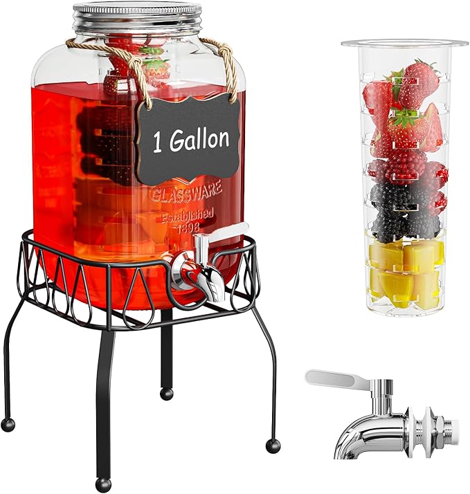 OneDream Glass Drink Dispenser for Parties, 1Gallon Beverage Dispenserd with Stand, Lemonade Dispenser with Stainless Stee...