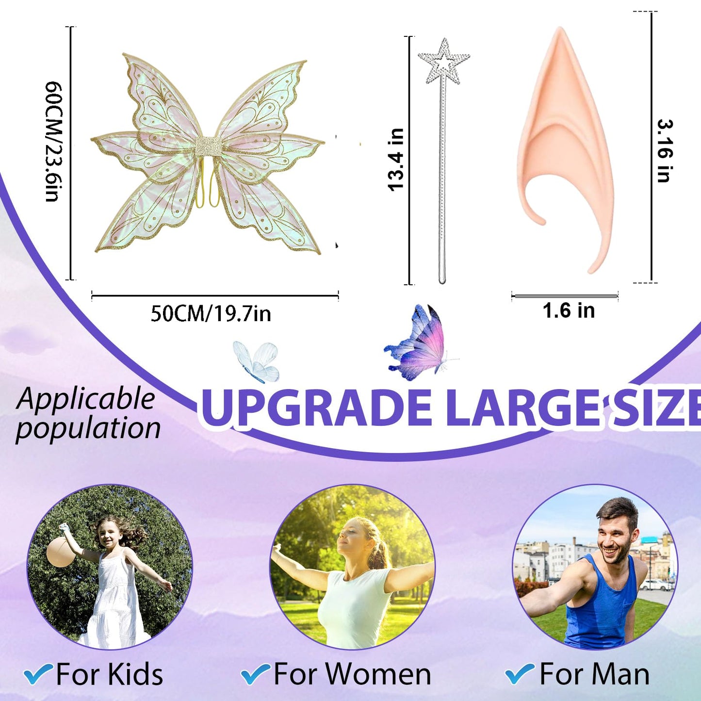 caretoto Gold Fairy Wings for Adults Dress Up Sparkling Sheer Butterfly Halloween Costume Angel Wings for Women Girls1